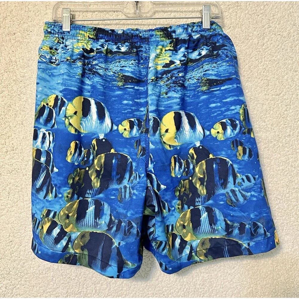 Vintage Men's Nautica Aquarium Pattern Navy‎ Swim Trunk Shorts Size Large